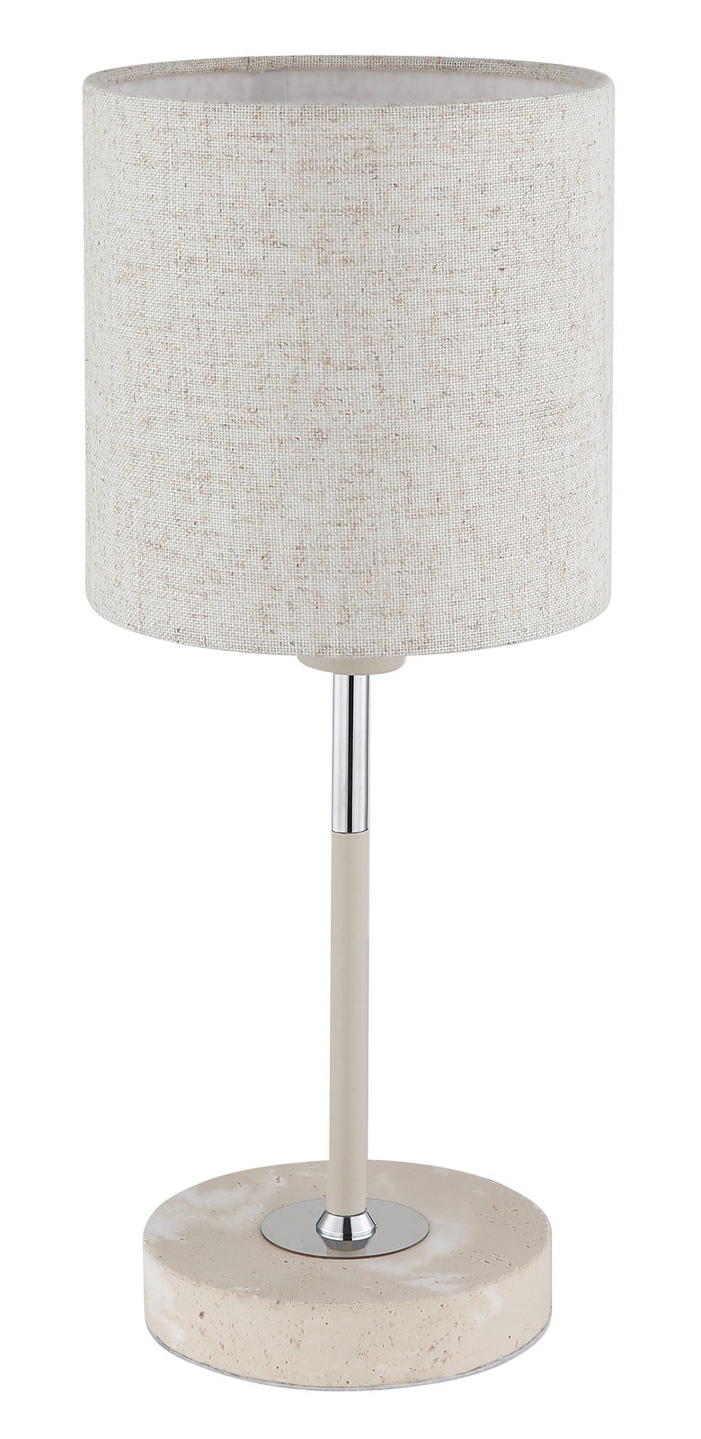 Tischleuchte mit zylindrischem Stoffschirm in Beige, Metallfuß und runder Steinbasis, seitliche Perspektive