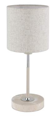 Tischleuchte mit zylindrischem Stoffschirm in Beige, Metallfuß und runder Steinbasis, seitliche Perspektive