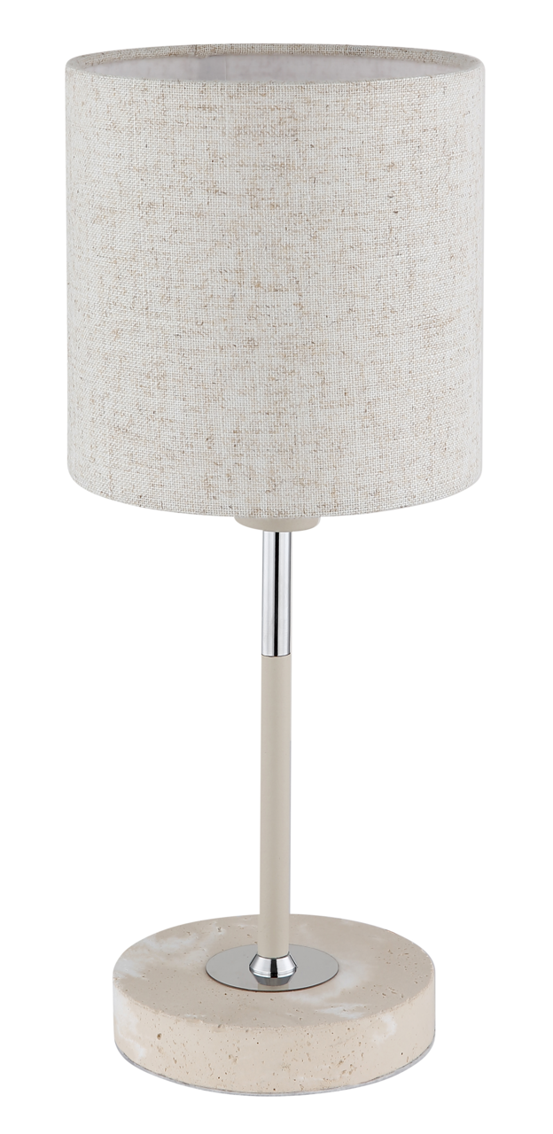 Tischleuchte mit zylindrischem Stoffschirm in Beige, Metallfuß und runder Steinbasis, seitliche Perspektive