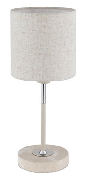 Tischleuchte mit zylindrischem Stoffschirm in Beige, Metallfuß und runder Steinbasis, seitliche Perspektive