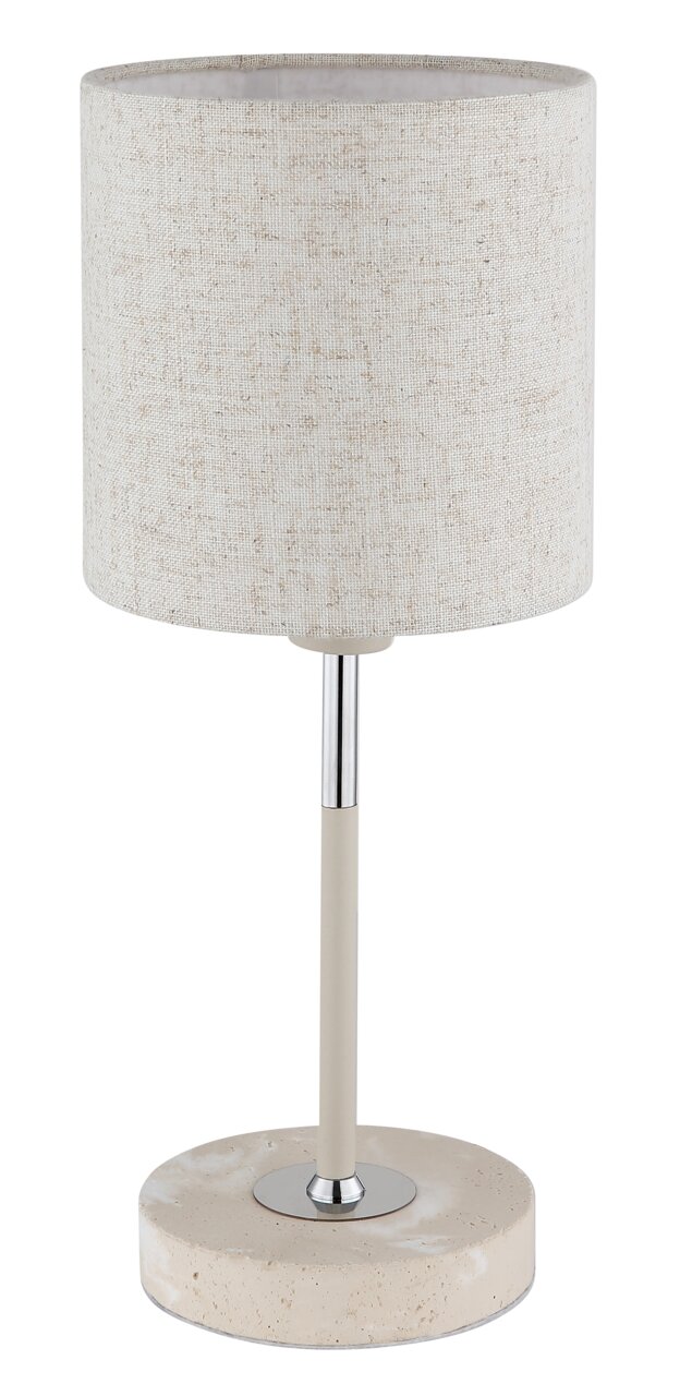 Tischleuchte mit zylindrischem Stoffschirm in Beige, Metallfuß und runder Steinbasis, seitliche Perspektive