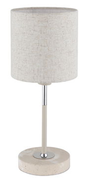 Tischleuchte mit zylindrischem Stoffschirm in Beige, Metallfuß und runder Steinbasis, seitliche Perspektive