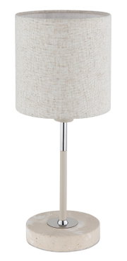 Tischleuchte mit zylindrischem Stoffschirm in Beige, Metallfuß und runder Steinbasis, seitliche Perspektive