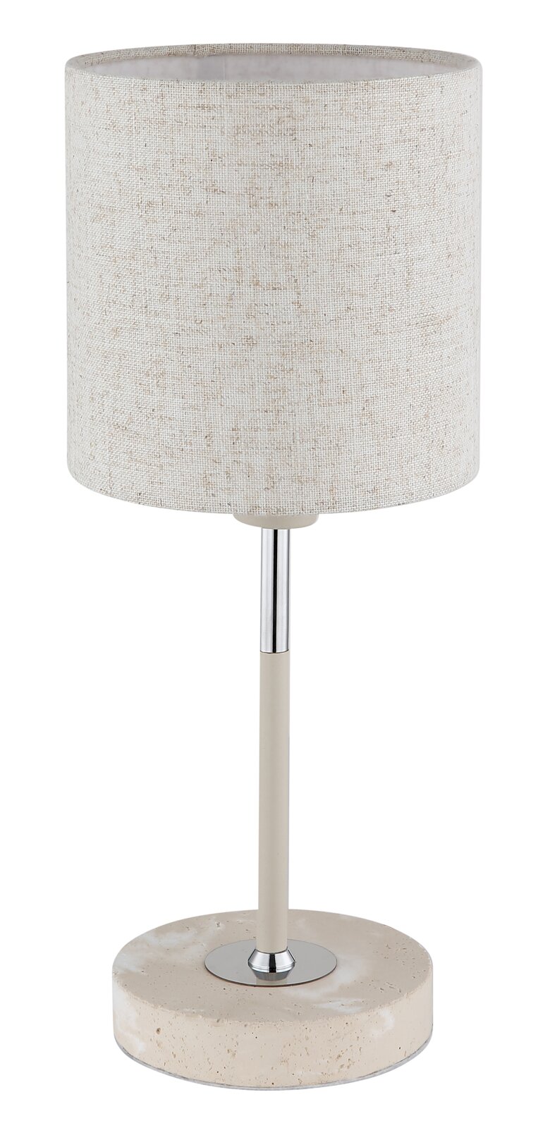 Tischleuchte mit zylindrischem Stoffschirm in Beige, Metallfuß und runder Steinbasis, seitliche Perspektive