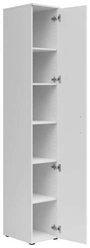 Weißer Mehrzweckschrank mit fünf offenen Regalfächern, Perspektive von vorne rechts.