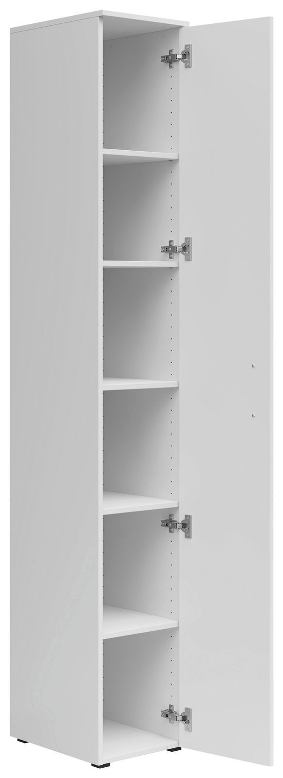 Weißer Mehrzweckschrank mit fünf offenen Regalfächern, Perspektive von vorne rechts.