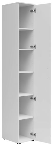 Weißer Mehrzweckschrank mit fünf offenen Regalfächern, Perspektive von vorne rechts.