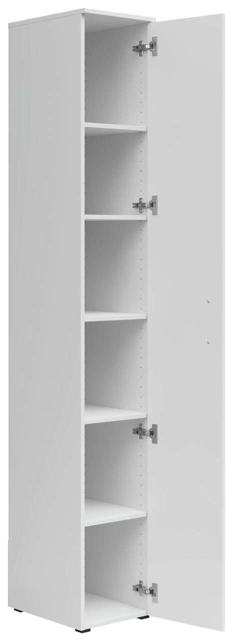 Weißer Mehrzweckschrank mit fünf offenen Regalfächern, Perspektive von vorne rechts.