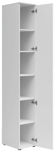 Weißer Mehrzweckschrank mit fünf offenen Regalfächern, Perspektive von vorne rechts.