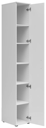 Weißer Mehrzweckschrank mit fünf offenen Regalfächern, Perspektive von vorne rechts.