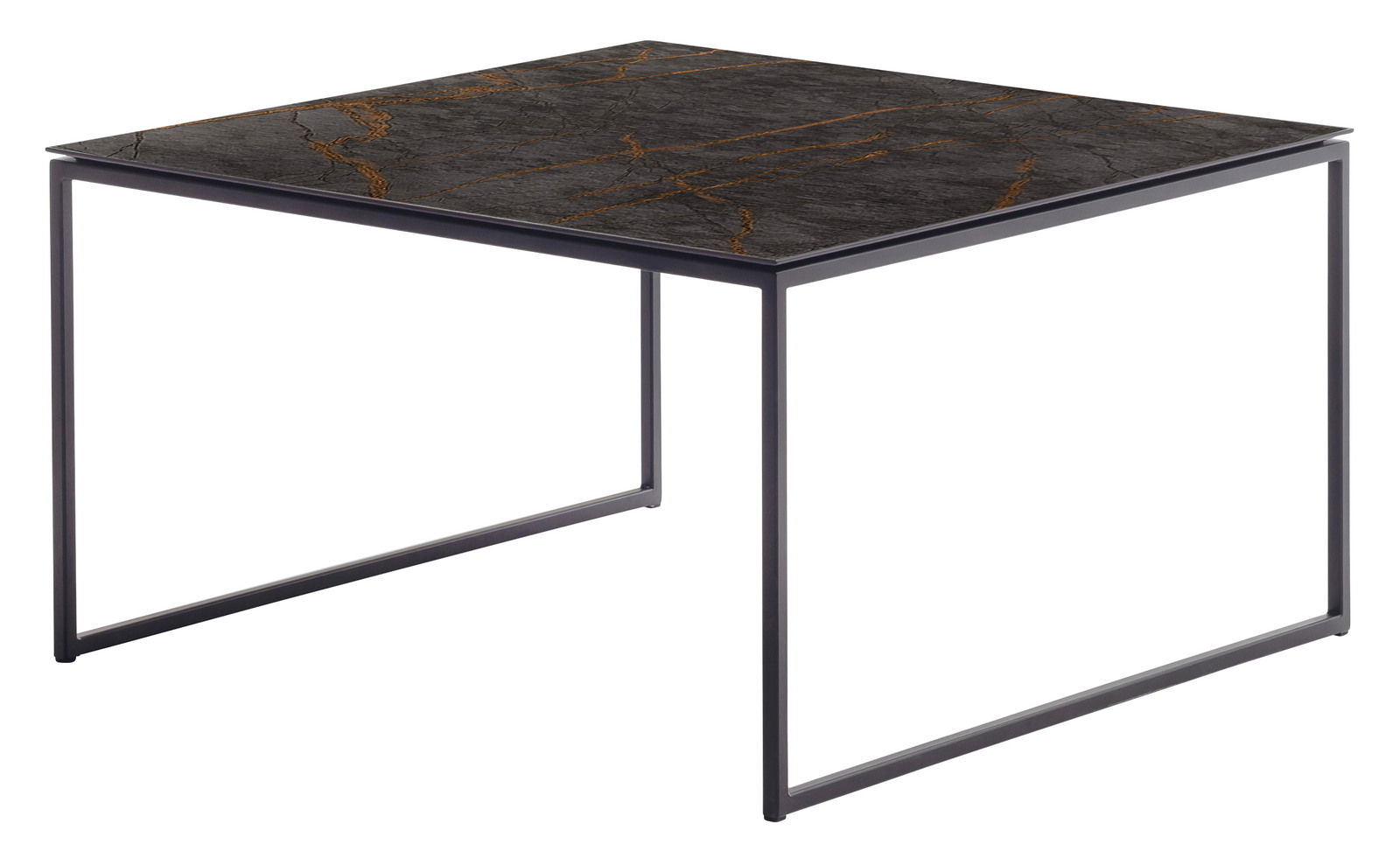 Venjakob Beistelltisch COMINO Moderner Beistelltisch mit quadratischer, dunkler Tischplatte und filigranem Metallgestell, seitliche Perspektive.