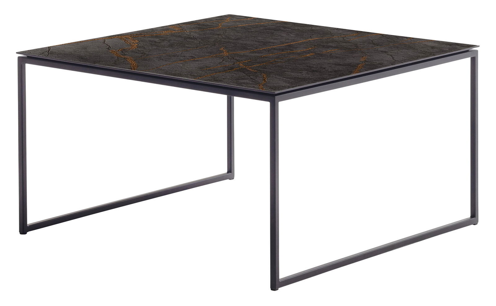 Moderner Beistelltisch mit quadratischer, dunkler Tischplatte und filigranem Metallgestell, seitliche Perspektive.