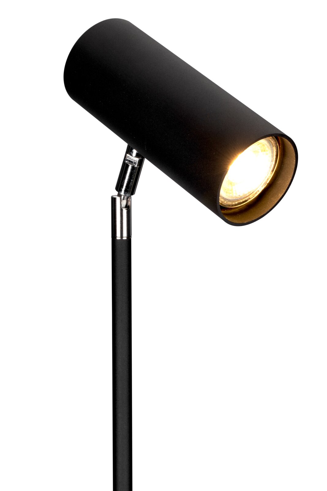 Schwarze Stehleuchte mit zylindrischem Lampenschirm, seitliche Perspektive