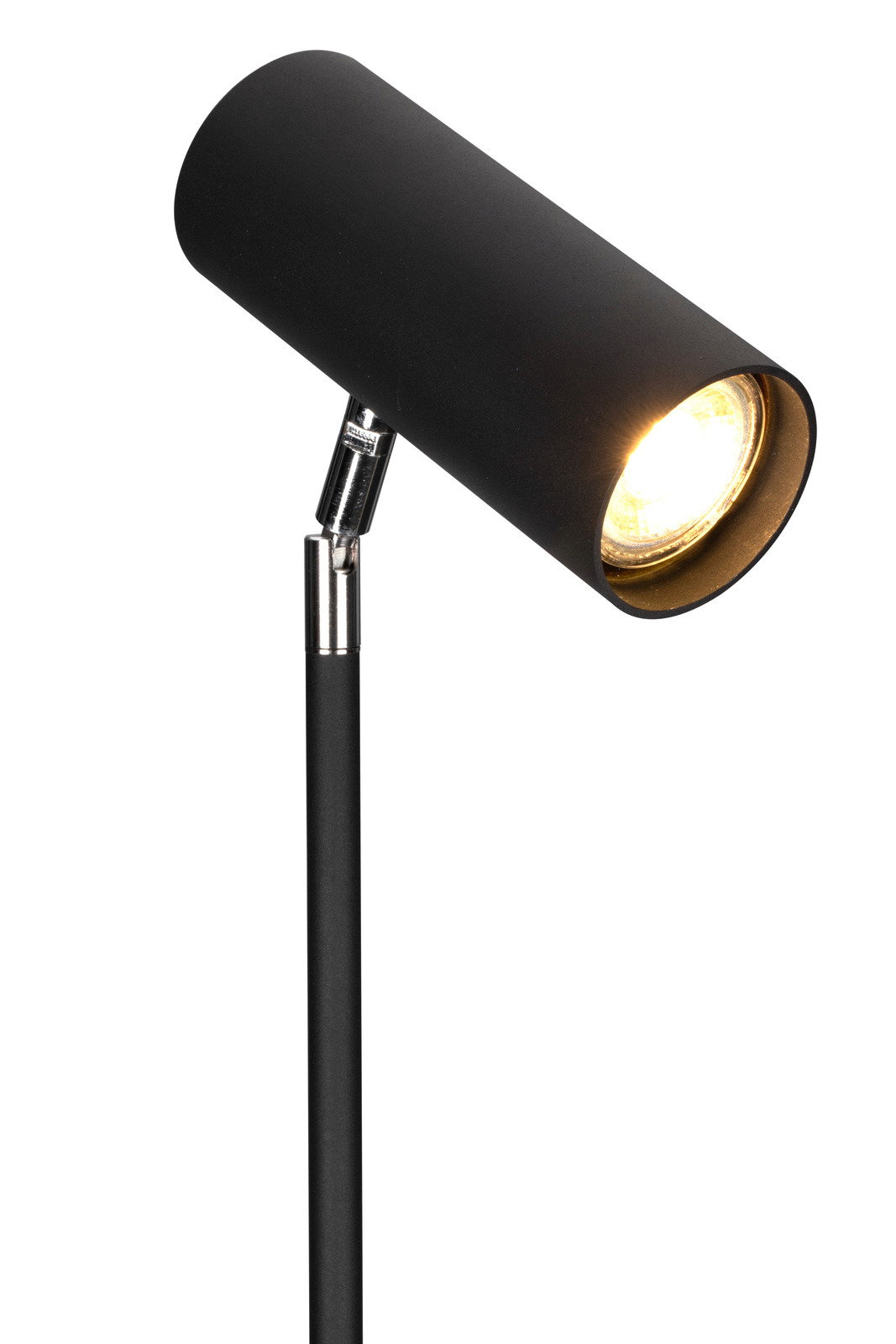 Schwarze Stehleuchte mit zylindrischem Lampenschirm, seitliche Perspektive