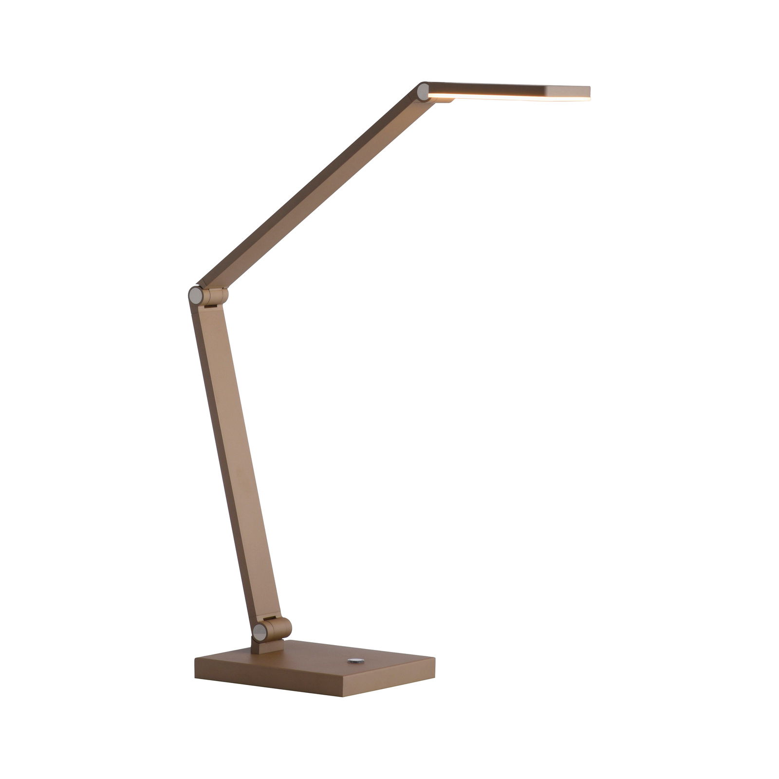 Moderne LED-Tischleuchte in Braun mit verstellbarem Arm, seitliche Perspektive