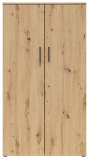 Frontansicht eines Mehrzweckschranks mit Holzoptik und zwei Türen mit schwarzen Griffen.