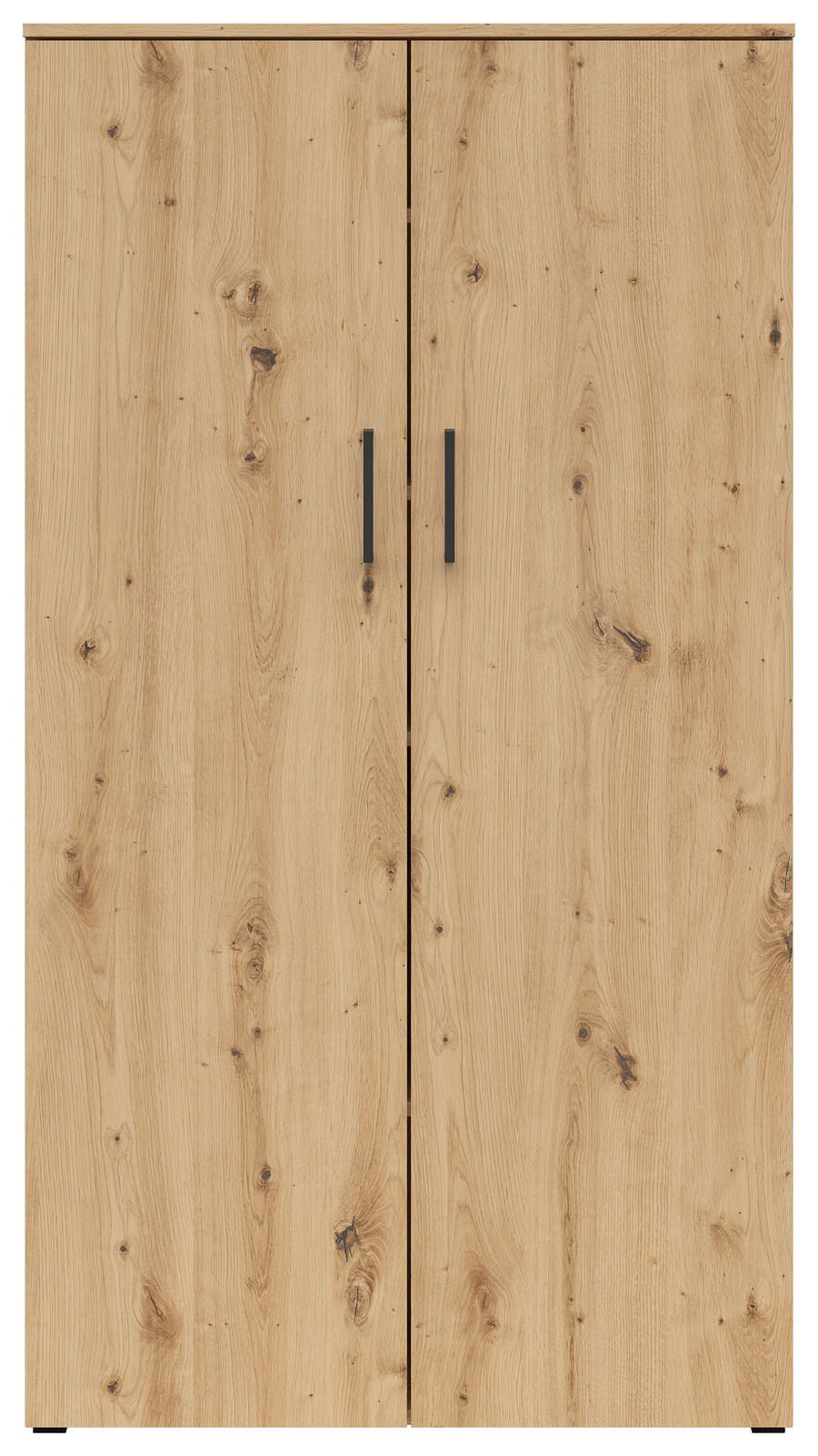 Frontansicht eines Mehrzweckschranks mit Holzoptik und zwei Türen mit schwarzen Griffen.