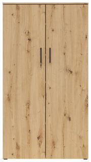 Frontansicht eines Mehrzweckschranks mit Holzoptik und zwei Türen mit schwarzen Griffen.