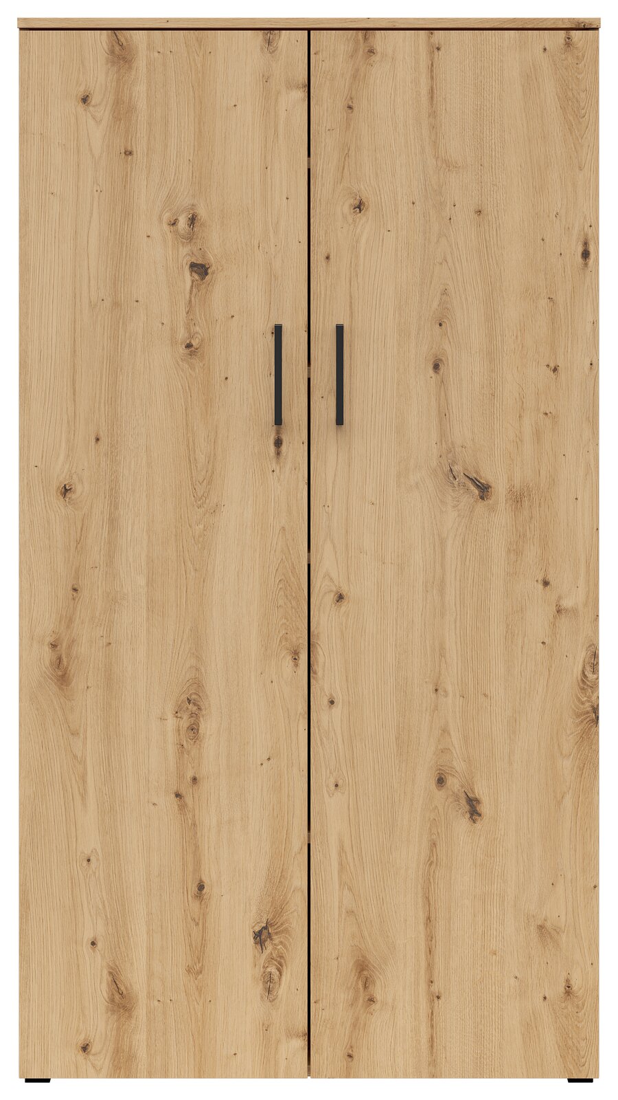 Frontansicht eines Mehrzweckschranks mit Holzoptik und zwei Türen mit schwarzen Griffen.