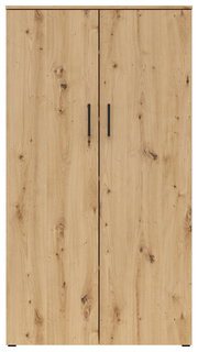 Frontansicht eines Mehrzweckschranks mit Holzoptik und zwei Türen mit schwarzen Griffen.