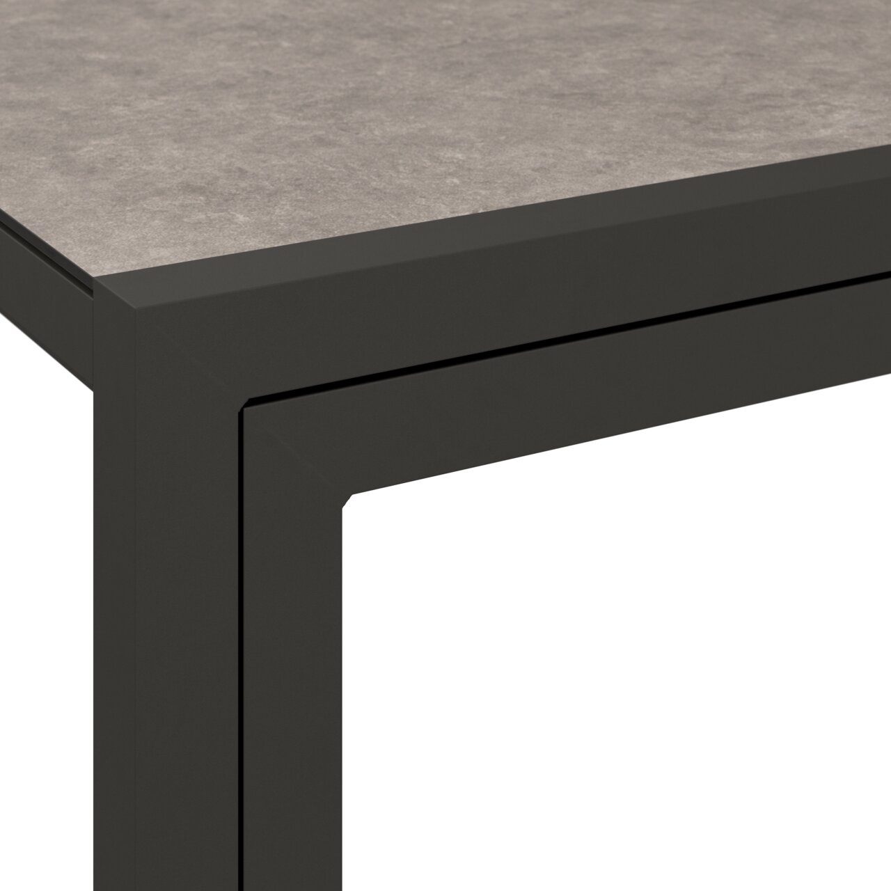 Detailansicht einer modernen Lounge-Bank mit grauer Tischplatte und schwarzem Metallrahmen.