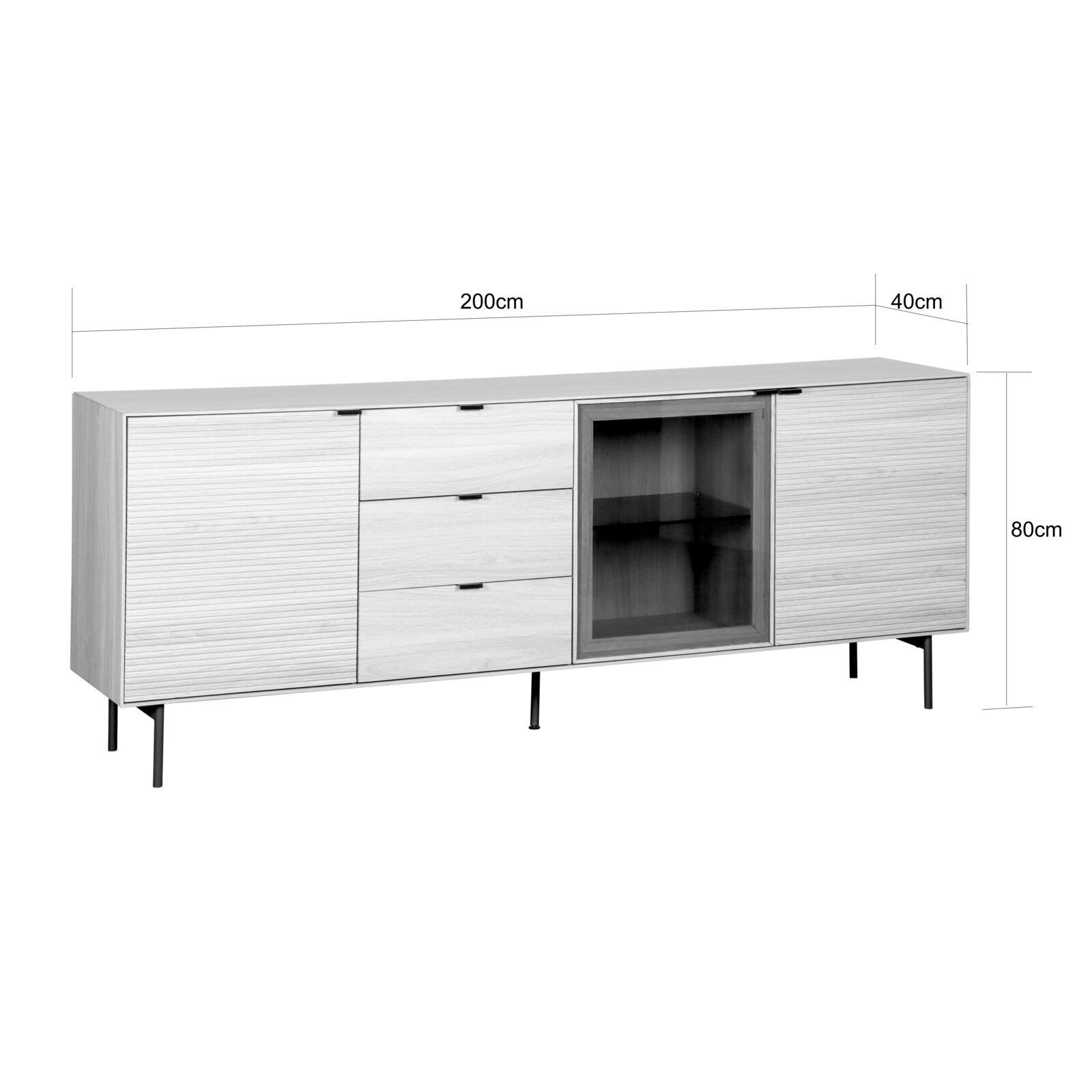 Modernes Sideboard in heller Holzoptik mit schwarzen Metallfüßen, zwei Schiebetüren, drei Schubladen und offenem Fach, Maße ca. 200 x 40 x 80 cm, Frontansicht leicht schräg von vorne