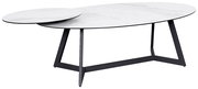 Moderner Couchtisch mit ovaler Marmorplatte und schwarzem Metallgestell, seitliche Perspektive