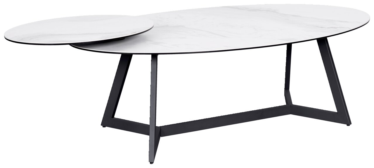 Moderner Couchtisch mit ovaler Marmorplatte und schwarzem Metallgestell, seitliche Perspektive
