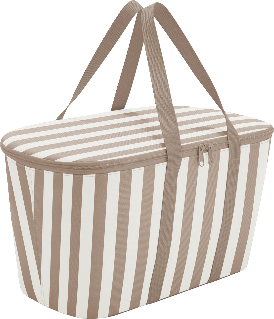 Gestreifte Tragetasche/Kühltasche in Beige und Weiß mit Reißverschlussdeckel und langen Tragegriffen, freigestellt auf weißem Hintergrund, schräg von vorne in leichter Draufsicht