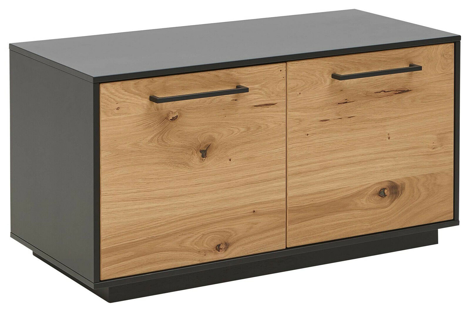 Holzbank mit zwei Türen, schwarze Griffe und Oberseite, seitliche Perspektive
