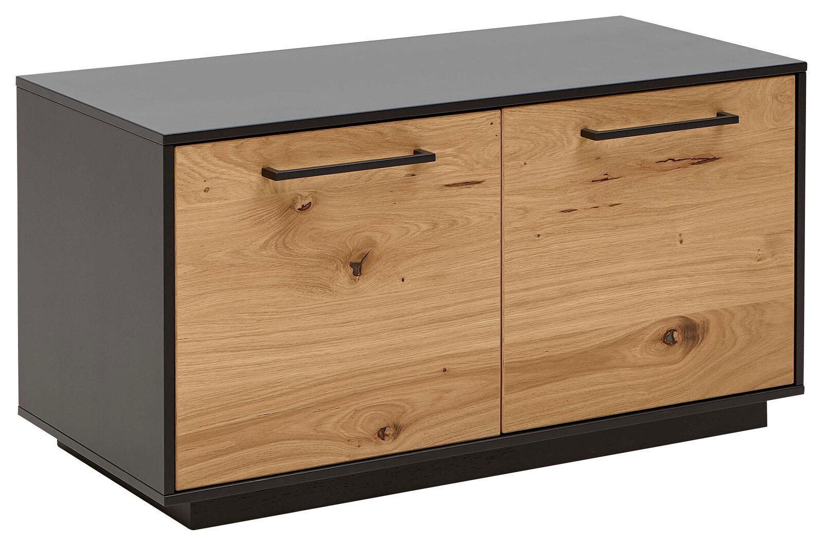 Dieter Knoll Bank SAVONA Holzbank mit zwei Türen, schwarze Griffe und Oberseite, seitliche Perspektive