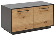 Holzbank mit zwei Türen, schwarze Griffe und Oberseite, seitliche Perspektive