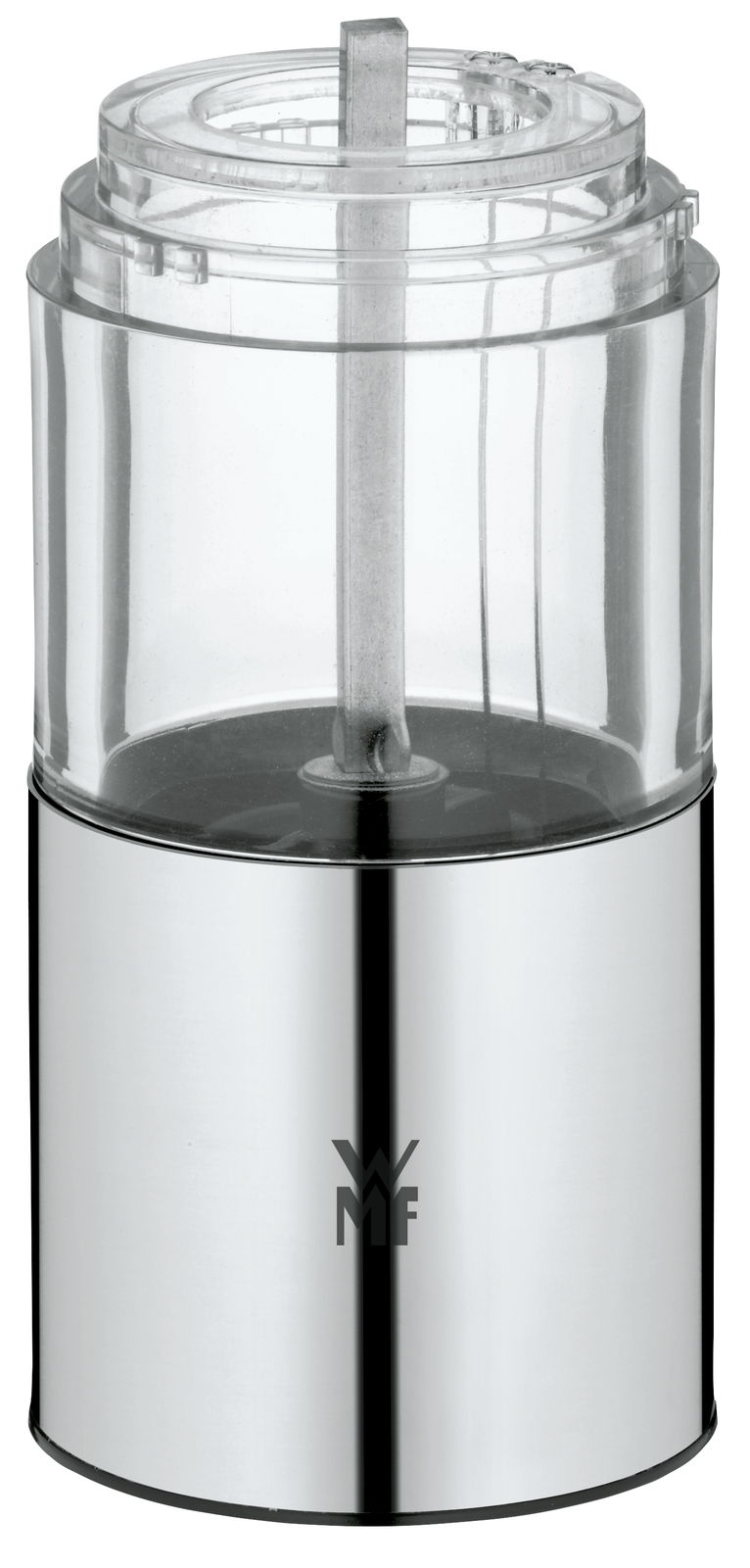 Elektrische Mühle aus Edelstahl und transparentem Kunststoff, Vorderansicht