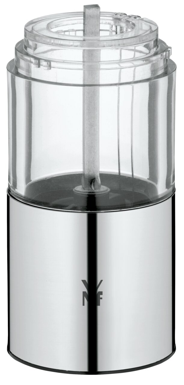 Elektrische Mühle aus Edelstahl und transparentem Kunststoff, Vorderansicht