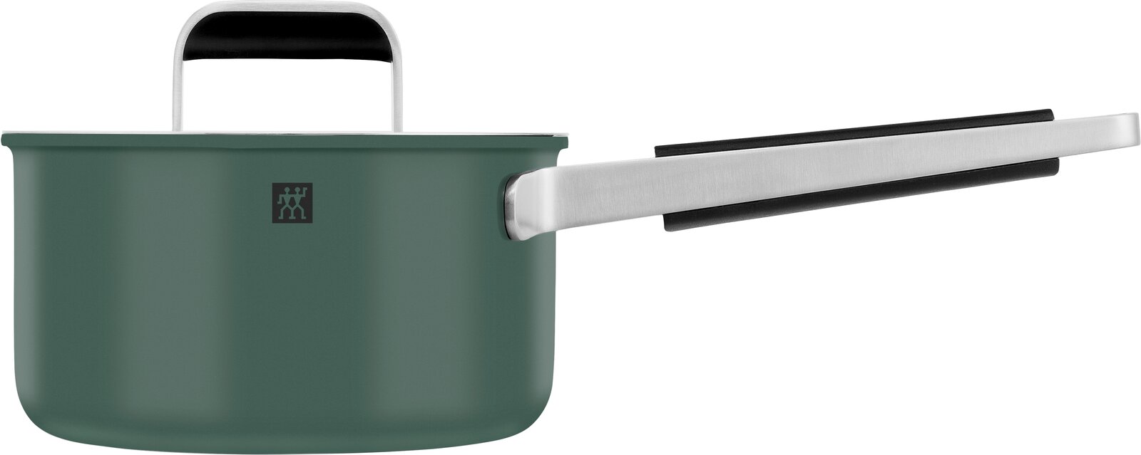 Grüner Kochtopf mit langem Griff, seitliche Perspektive