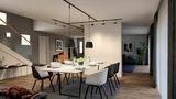 Moderne Esszimmeransicht mit stilvoller Beleuchtung und elegantem Esstisch, seitliche Perspektive.