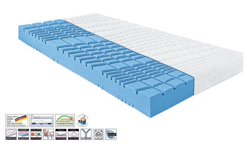 Wendematratze mit blauer und weißer Oberfläche, seitliche Perspektive