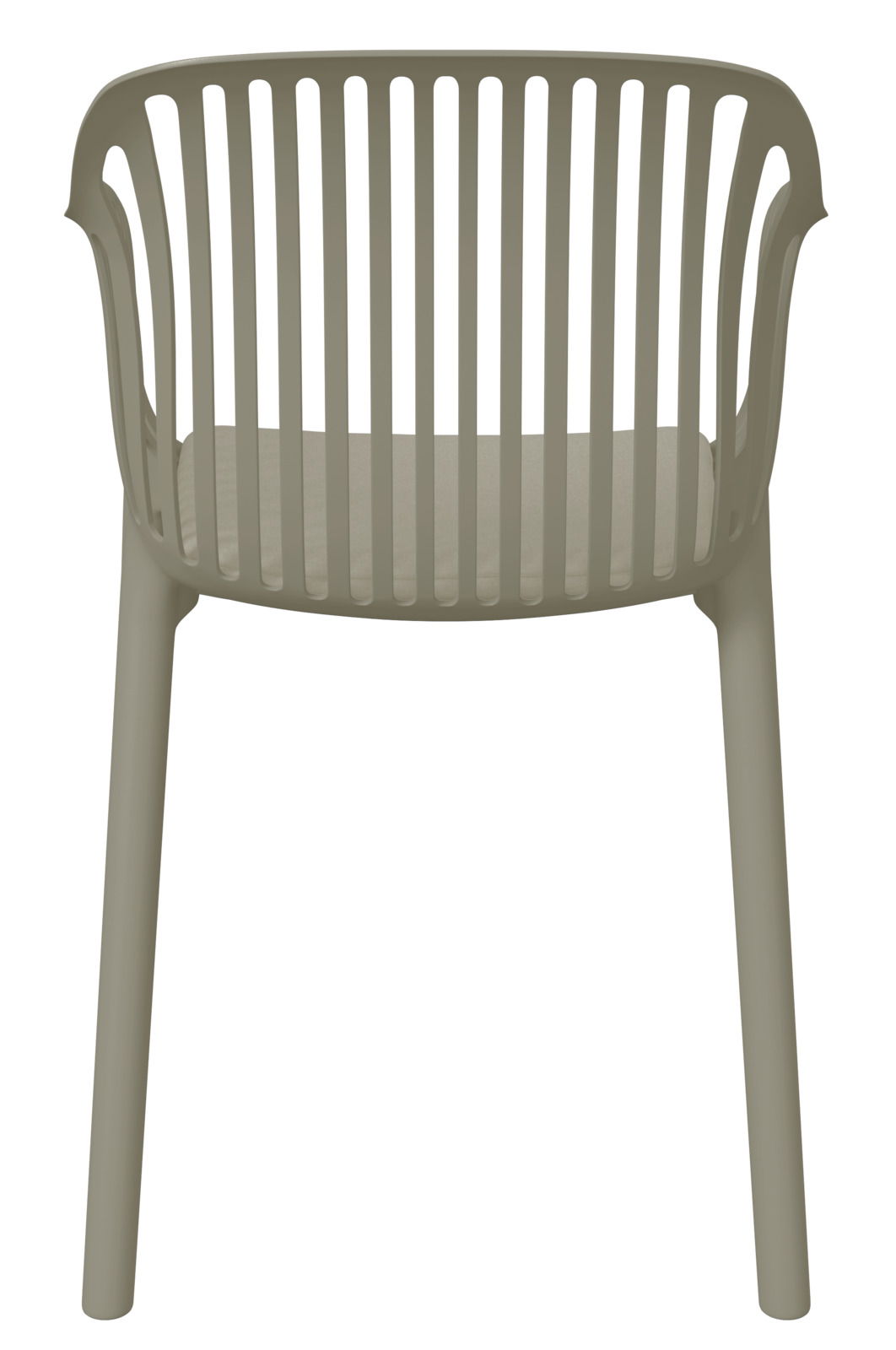 Stapelstuhl aus Kunststoff in Frontalansicht mit vertikalen Streben im Rückenbereich