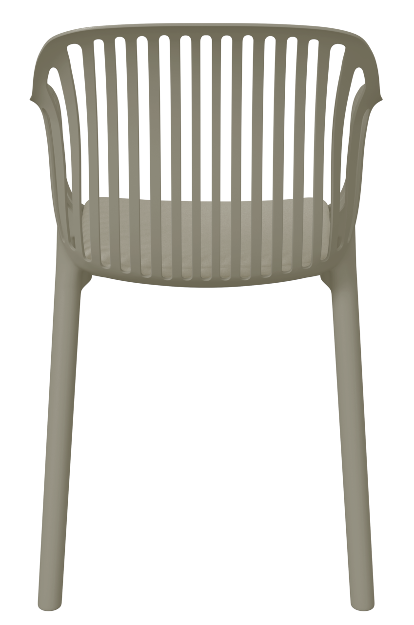 Stapelstuhl aus Kunststoff in Frontalansicht mit vertikalen Streben im Rückenbereich