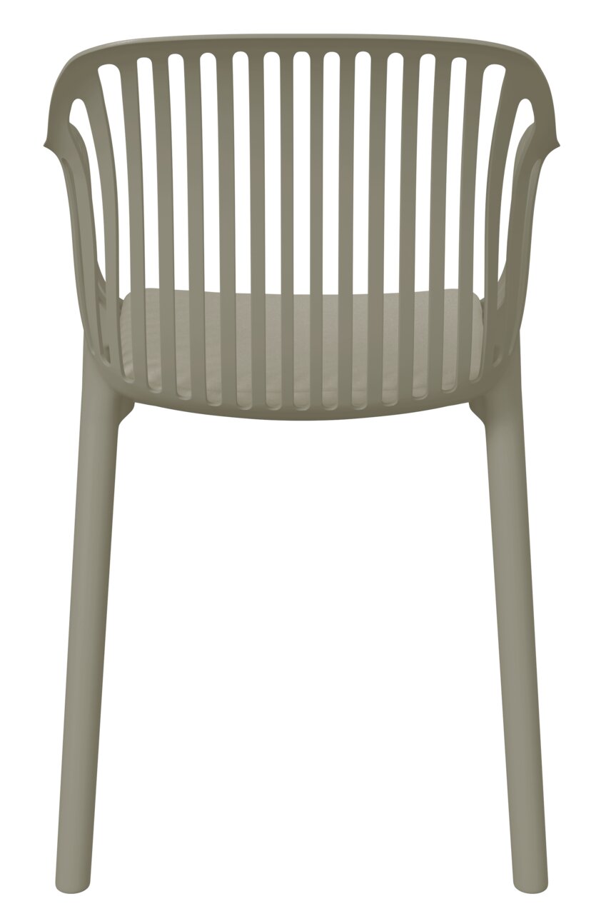 Stapelstuhl aus Kunststoff in Frontalansicht mit vertikalen Streben im Rückenbereich