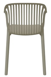 Stapelstuhl aus Kunststoff in Frontalansicht mit vertikalen Streben im Rückenbereich