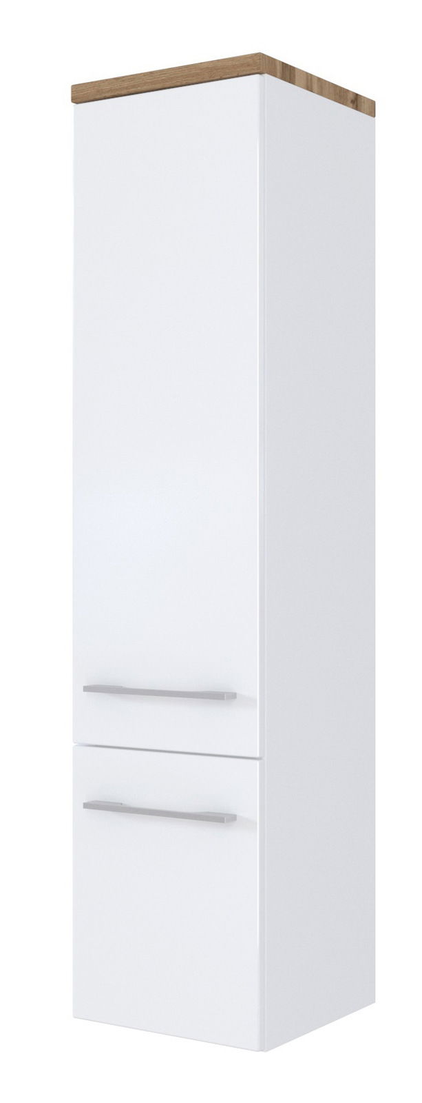 Weißer Midischrank mit Holzoberseite und zwei Schubladen, seitliche Perspektive