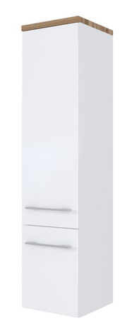 Weißer Midischrank mit Holzoberseite und zwei Schubladen, seitliche Perspektive