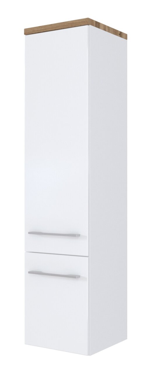 Weißer Midischrank mit Holzoberseite und zwei Schubladen, seitliche Perspektive