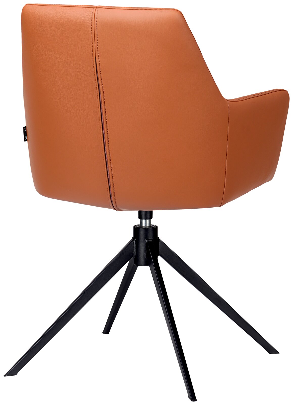 Rückansicht eines modernen Armlehnstuhls mit braunem Lederbezug und schwarzem Metallgestell.