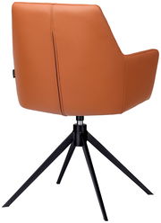 Rückansicht eines modernen Armlehnstuhls mit braunem Lederbezug und schwarzem Metallgestell.