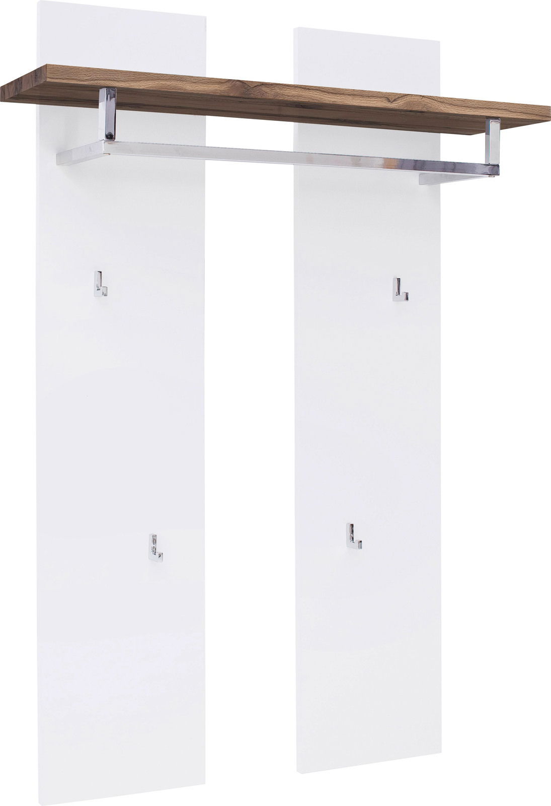 Novel Garderobenpaneel ROMINA Garderobenpaneel mit zwei weißen Paneelen, einer Holzablage und mehreren Haken, seitliche Perspektive