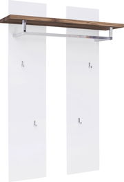 Garderobenpaneel mit zwei weißen Paneelen, einer Holzablage und mehreren Haken, seitliche Perspektive