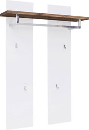 Garderobenpaneel mit zwei weißen Paneelen, einer Holzablage und mehreren Haken, seitliche Perspektive