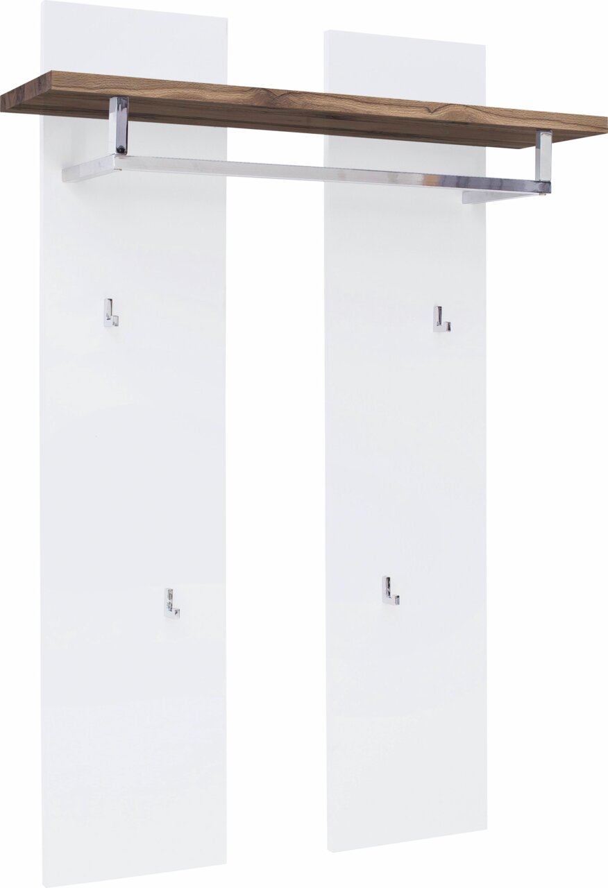 Novel Garderobenpaneel ROMINA Garderobenpaneel mit zwei weißen Paneelen, einer Holzablage und mehreren Haken, seitliche Perspektive